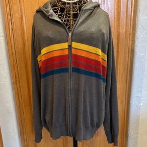 Tipsy Elves Gray Zip-Up Hoodie Sweater with Yellow, Orange, Red and Blue Stripes